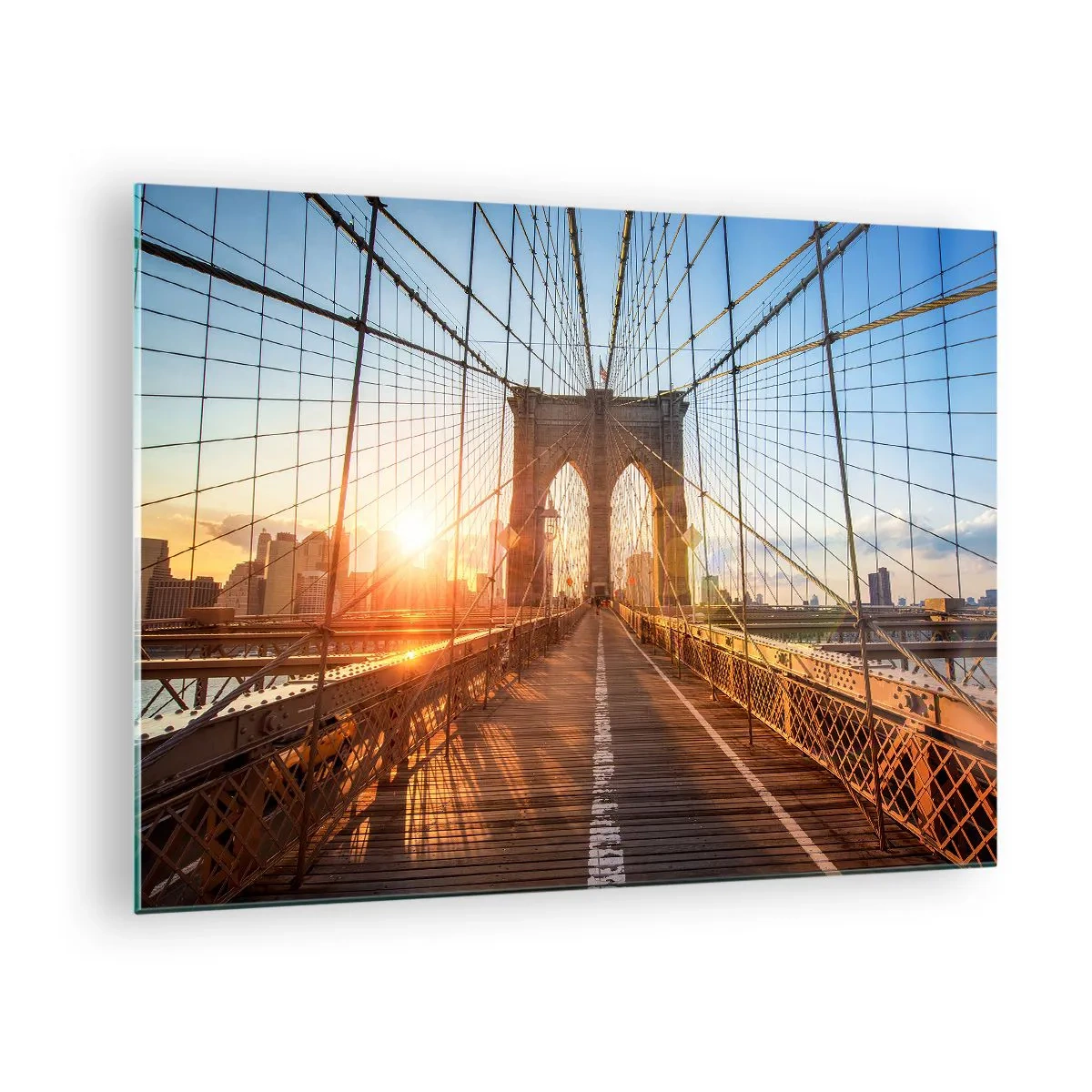 Glasbild - Bild auf glas - Sonnenuntergang auf der Brooklyn Bridge in New York - 70x50cm - Auf der goldenen Brücke - Moderne Wanddekoration für Wohnzimmer und Schlafzimmer ARTTOR