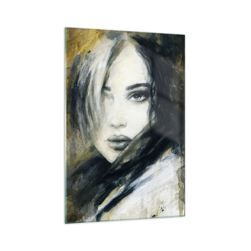 Glasbild - Bild auf glas - Porträt einer Frau vor einem Hintergrund aus abstrakten Flecken in Beigetönen - 70x100cm - unschuldiger oder sinnlicher? - Moderne Wanddekoration für Wohnzimmer und Schlafzimmer ARTTOR