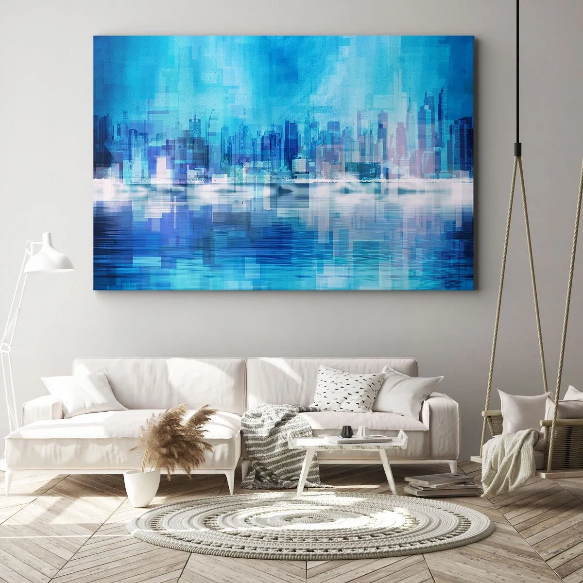 Bild auf Leinwand - Leinwandbild - Abstraktes Stadtpanorama in Blautönen - 70x50cm - In Blau ertrunken - Moderne Wanddekoration für Wohnzimmer und Schlafzimmer ARTTOR