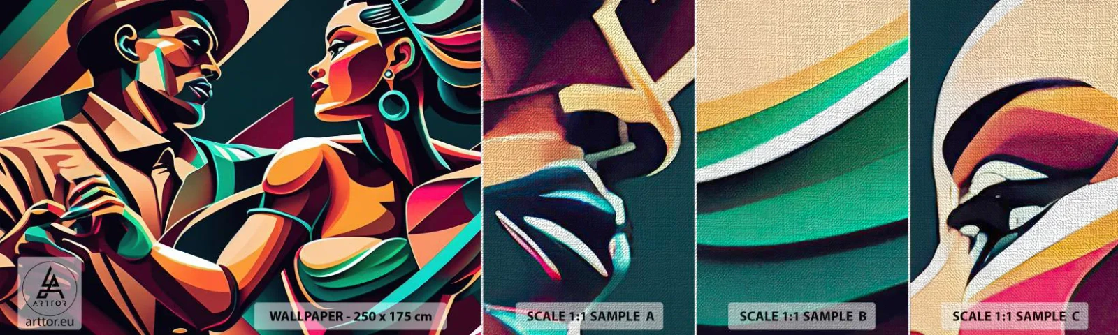 Fototapeten Muster Premium Canvas - Im Rhythmus des Herzens - Kubismus, Paar, Tanzen - 100x30 cm