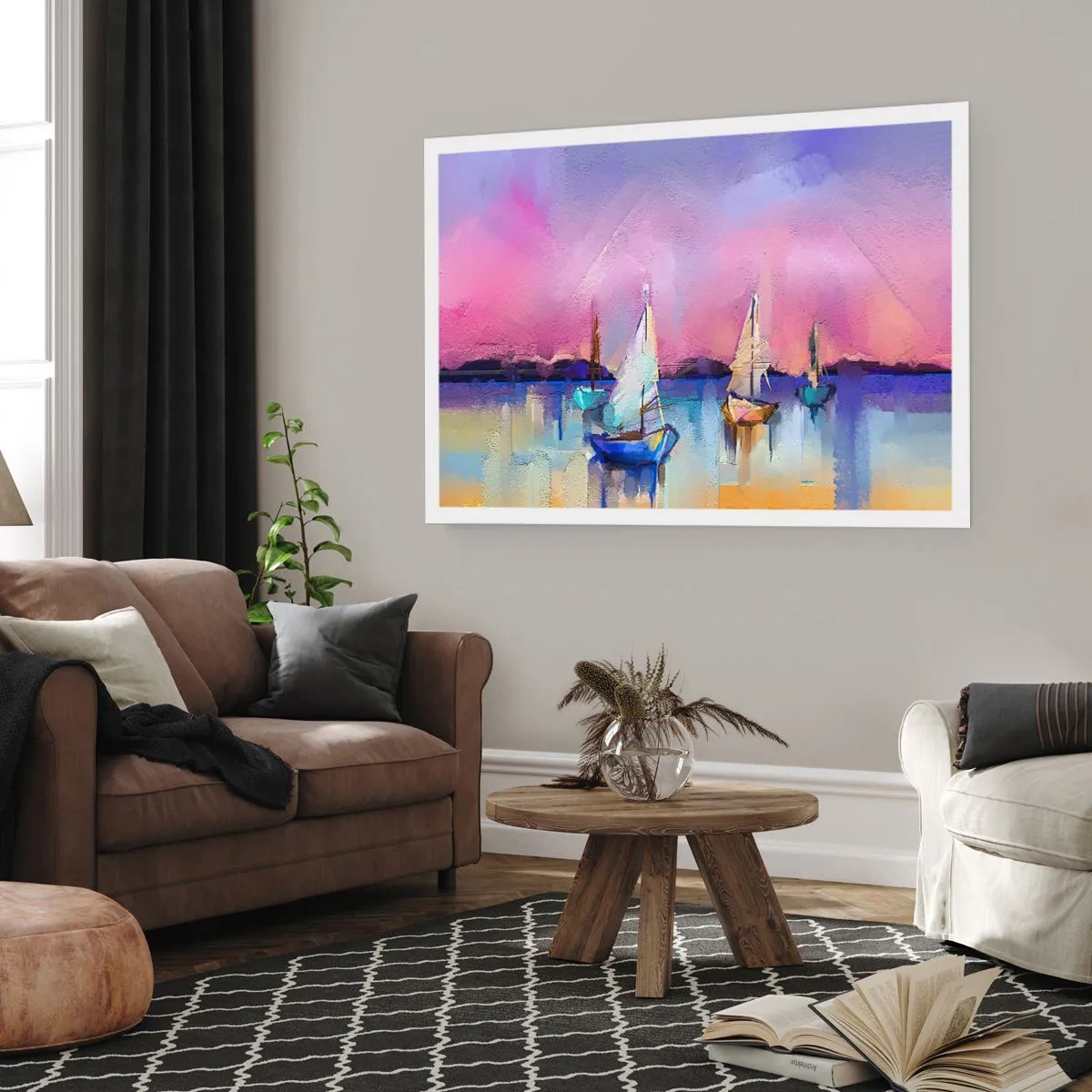 Poster - Segelboote auf ruhigem Meer in den Pastellfarben des Sonnenuntergangs - 100x70cm - Richtung: breites Wasser - Moderne Wanddekoration für Wohnzimmer und Schlafzimmer ARTTOR