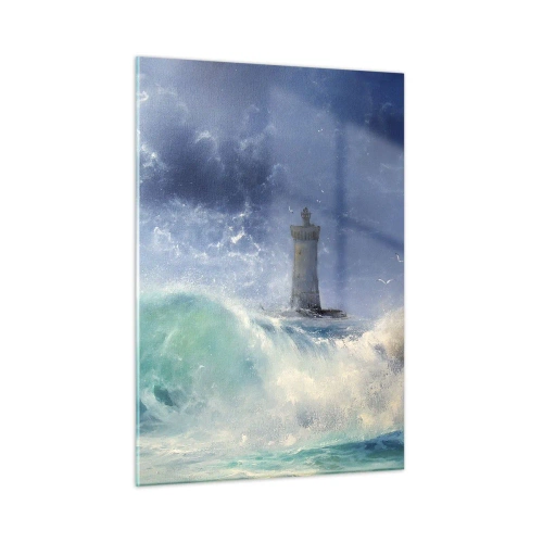 Glasbild - Bild auf glas - Ein Leuchtturm inmitten der rauen Meereswellen - 50x70cm - Auf der Hut vor den Elementen - Moderne Wanddekoration für Wohnzimmer und Schlafzimmer ARTTOR