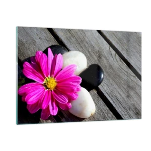 Glasbild - Bild auf glas - Rosa Blume mit Steinen auf einem hölzernen Hintergrund - 120x80cm - Ruhe auf dem Pier - Moderne Wanddekoration für Wohnzimmer und Schlafzimmer ARTTOR