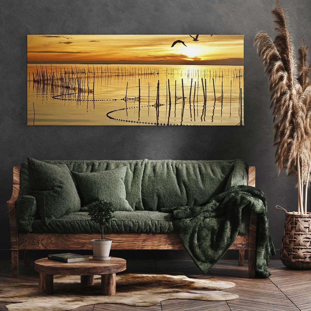 Bild auf Leinwand - Leinwandbild - Sonnenuntergang über dem Wasser mit Vögeln im Flug - 140x50cm - In der Fischerei - Moderne Wanddekoration für Wohnzimmer und Schlafzimmer ARTTOR