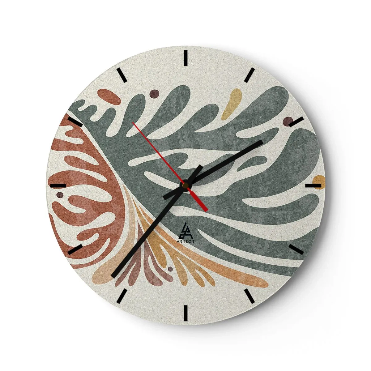 Wanduhr - Glasuhr - Organische Formen in Grün- und Rosttönen - 30x30cm - Mehrfarbiges Blatt - Moderne Wanddekoration für Wohnzimmer, Küche und Schlafzimmer ARTTOR