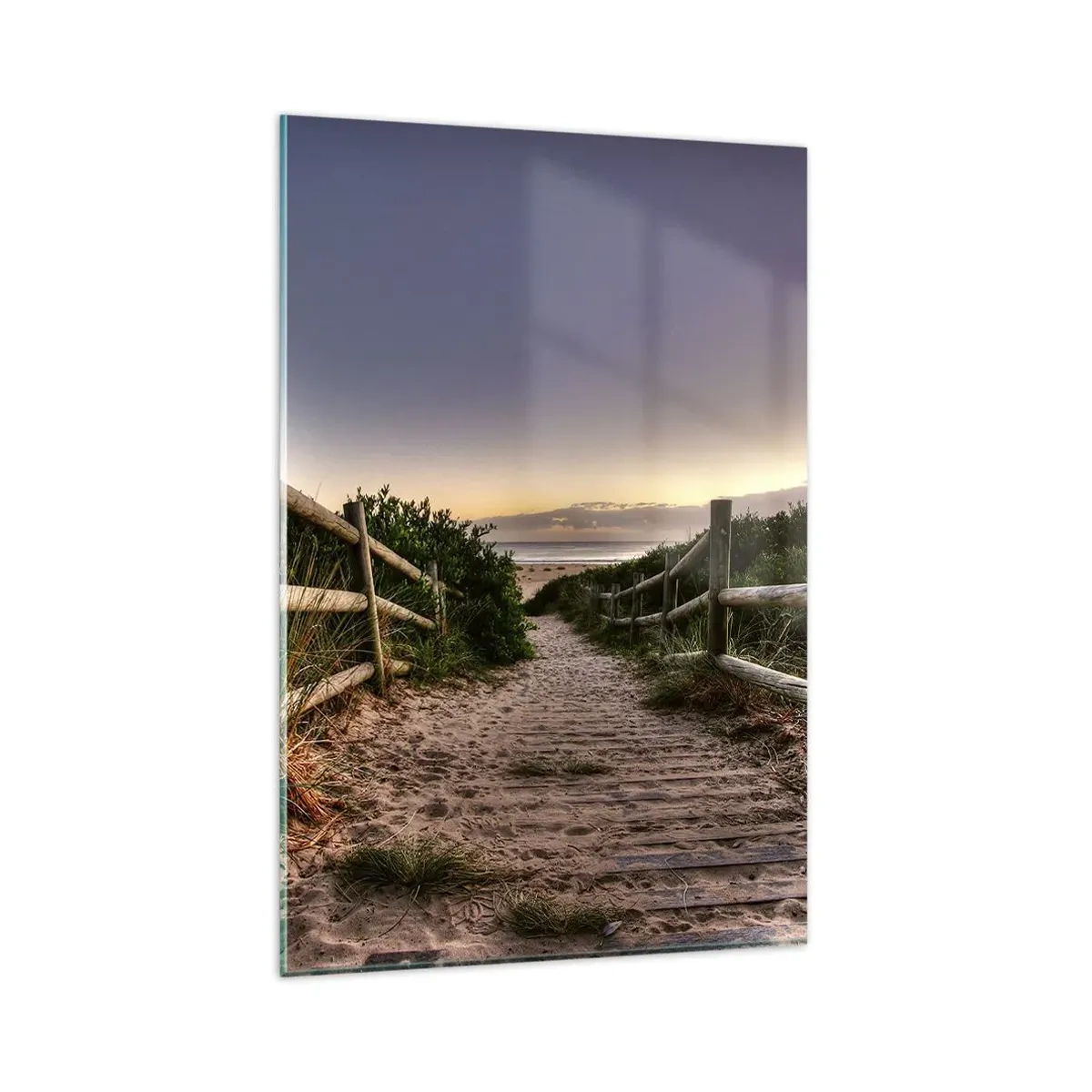 Glasbild - Bild auf glas - Holzweg in den Dünen, der bei Sonnenuntergang zum Strand führt - 80x120cm - Das Ziel ist bereits sichtbar - Moderne Wanddekoration für Wohnzimmer und Schlafzimmer ARTTOR