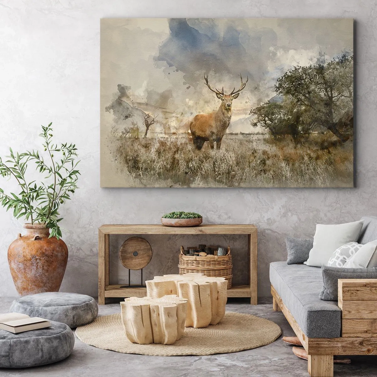 Bild auf Leinwand - Leinwandbild - Ein Hirsch in einer natürlichen Umgebung im Aquarellstil - 70x50cm - Würde – Stärke – Würde - Moderne Wanddekoration für Wohnzimmer und Schlafzimmer ARTTOR