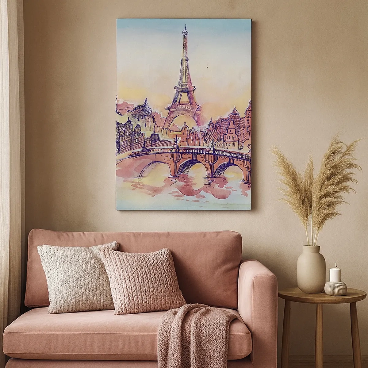 Bild auf Leinwand - Leinwandbild - Aquarellpanorama von Paris mit dem Eiffelturm bei Sonnenuntergang - 50x70cm - Die einzige Stadt dieser Art auf der Welt - Moderne Wanddekoration für Wohnzimmer und Schlafzimmer ARTTOR