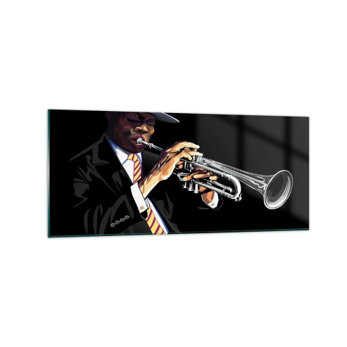 Glasbild - Bild auf glas - Ein Musiker spielt Trompete vor schwarzem Hintergrund - 120x50cm - Charme der alten Schule - Moderne Wanddekoration für Wohnzimmer und Schlafzimmer ARTTOR