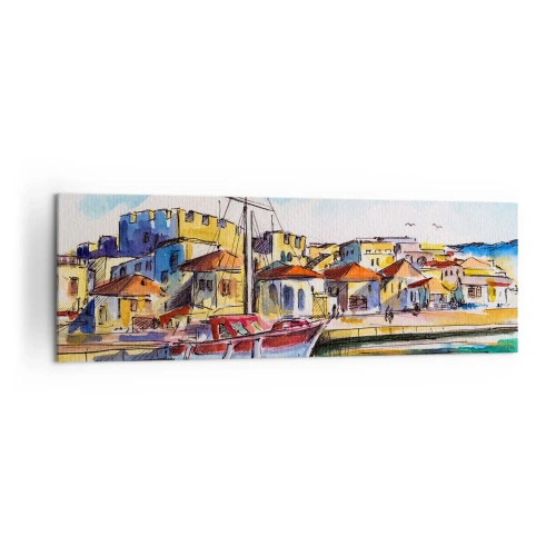 Bild auf Leinwand - Leinwandbild - Ein malerischer Hafen mit einem Boot und farbenfrohen Gebäuden - 160x50cm - Regenbogennachmittag - Moderne Wanddekoration für Wohnzimmer und Schlafzimmer ARTTOR