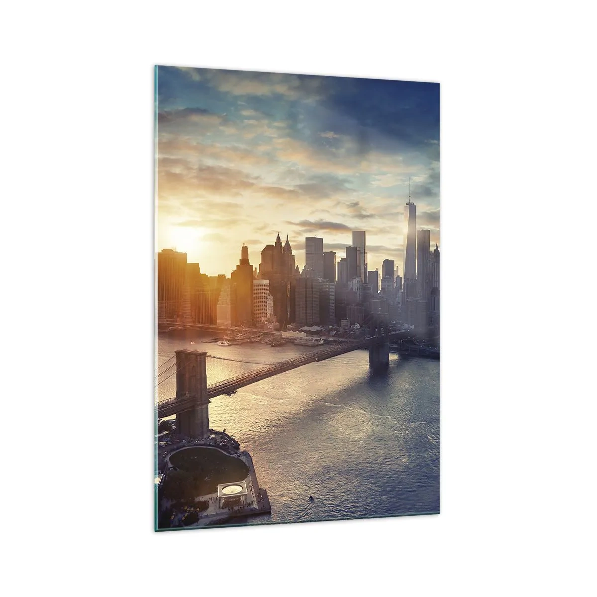 Glasbild - Bild auf glas - Panorama der Stadt mit der Brücke und dem Fluss im Licht der untergehenden Sonne - 70x100cm - Westliches Kulturdenkmal - Moderne Wanddekoration für Wohnzimmer und Schlafzimmer ARTTOR