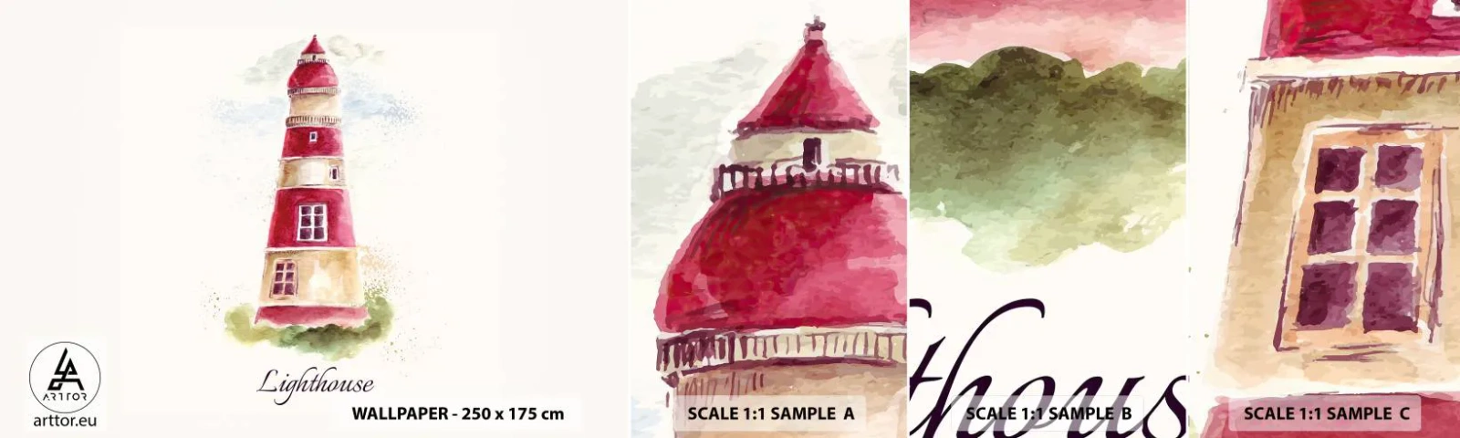 Fototapetenmuster Standard Eco - Das Wetter ringsum ist immer gut - Leuchtturm, Strand, Meer - 100x30 cm