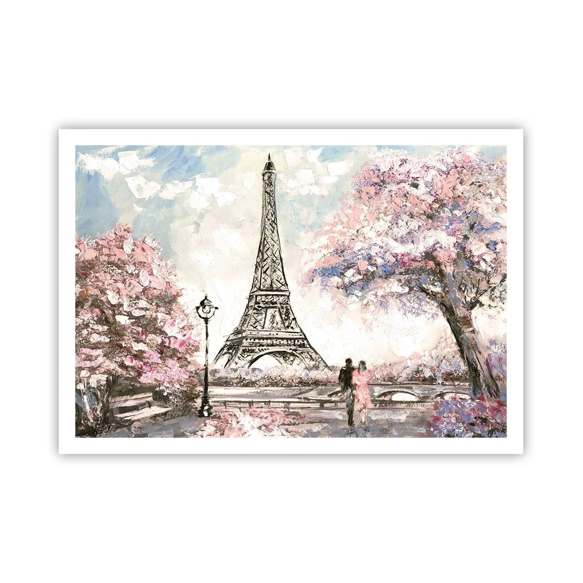 Poster - Der Eiffelturm, umgeben von blühenden Bäumen - 100x70cm - Aprilspaziergang durch Paris - Moderne Wanddekoration für Wohnzimmer und Schlafzimmer ARTTOR