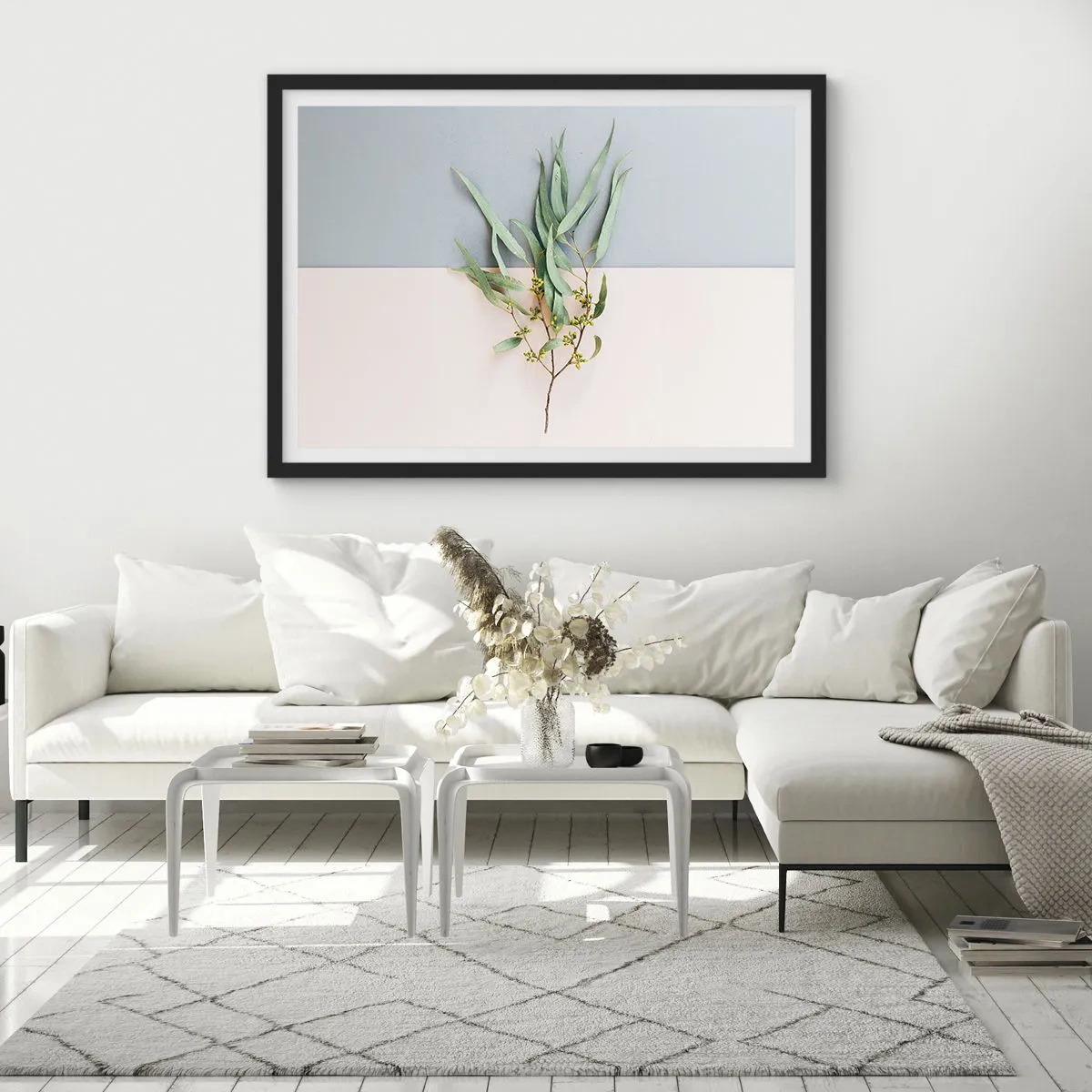 Poster in einem schwarzem Rahmen - Ein Zweig mit Blättern auf einem Hintergrund in Pastelltönen - 70x50cm - Pastellige Subtilität - Moderne Wanddekoration für Wohnzimmer und Schlafzimmer ARTTOR