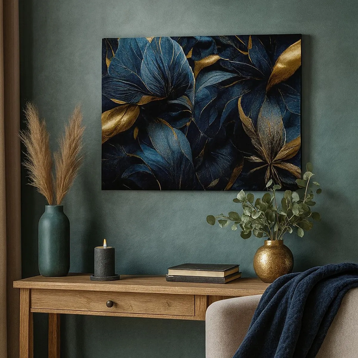 Bild auf Leinwand - Leinwandbild - Elegante Blätter in Gold- und Marineblautönen - 70x50cm - Mit Gold gefüttert - Moderne Wanddekoration für Wohnzimmer und Schlafzimmer ARTTOR