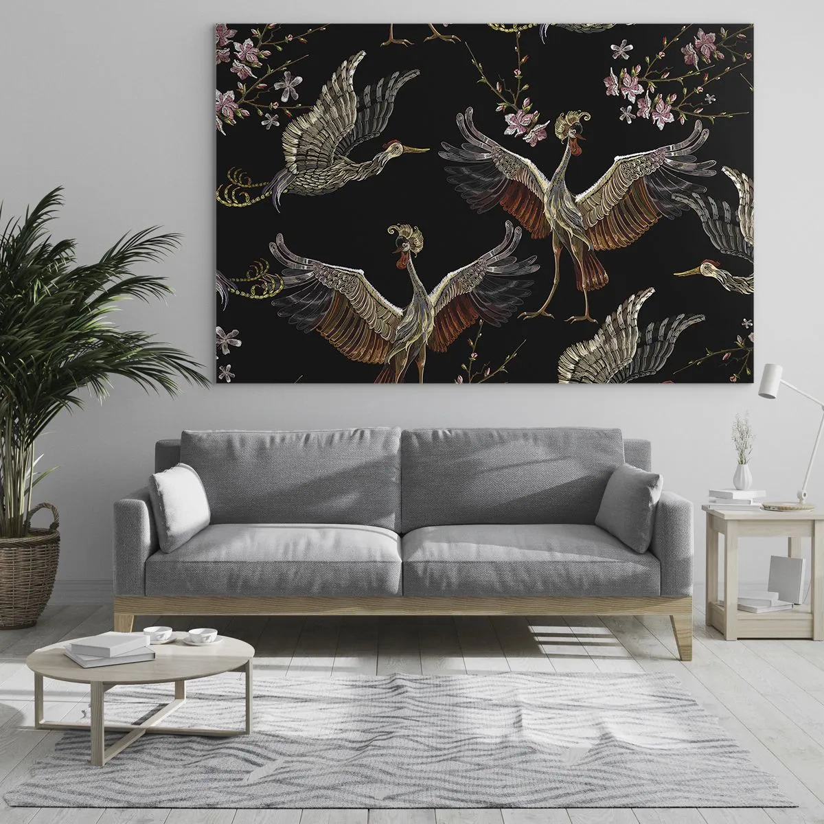 Glasbild - Bild auf glas - Vögel im Flug mit Blumen auf schwarzem Hintergrund, Retro-Stil - 100x70cm - Märchenvogel - Moderne Wanddekoration für Wohnzimmer und Schlafzimmer ARTTOR