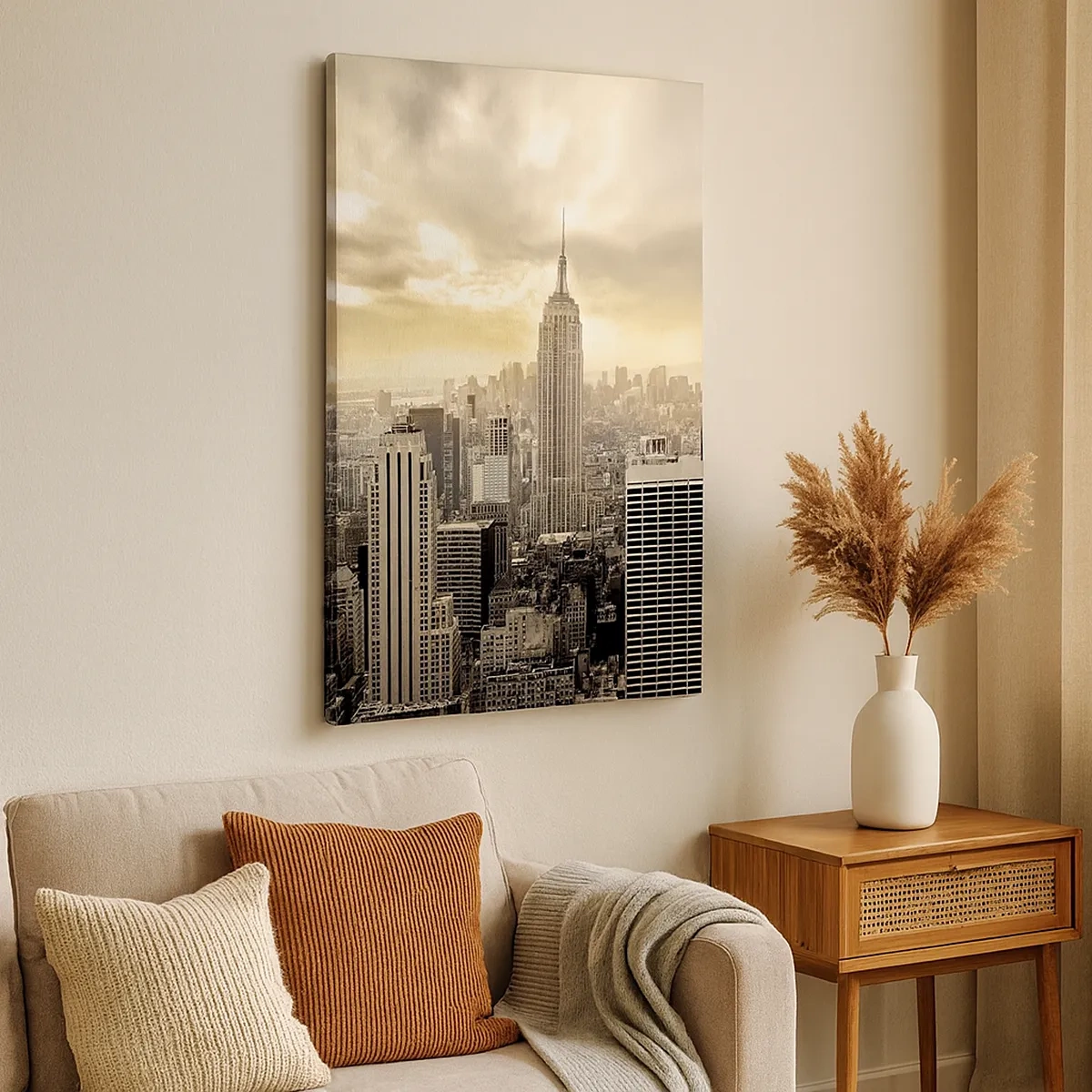 Bild auf Leinwand - Leinwandbild - Panorama der Stadt mit Blick auf das Empire State Building - 50x70cm - New York aus Grau - Moderne Wanddekoration für Wohnzimmer und Schlafzimmer ARTTOR