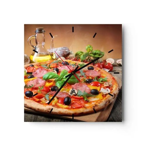 Wanduhr - Glasuhr - Appetitliche Pizza auf einem Holztisch mit Belag - 30x30cm - Mit echtem italienischem Flair - Moderne Wanddekoration für Wohnzimmer und Schlafzimmer ARTTOR
