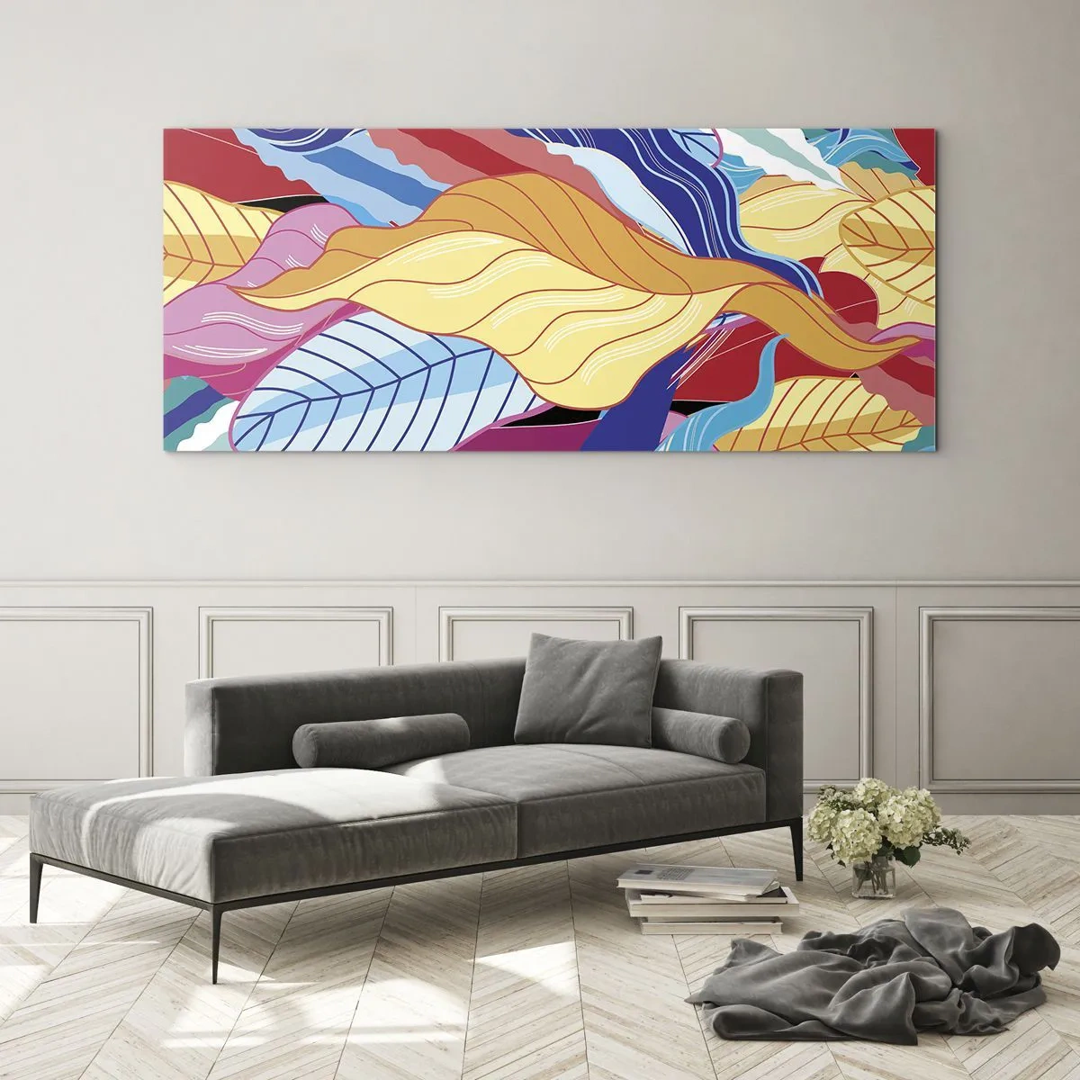 Glasbild - Bild auf glas - Kräftig gefärbte Blätter schaffen eine dynamische Komposition - 120x50cm - Buntes Durcheinander - Moderne Wanddekoration für Wohnzimmer und Schlafzimmer ARTTOR