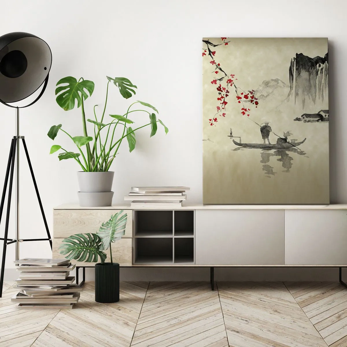 Bild auf Leinwand - Leinwandbild - Orientalische Illustration mit einem Boot und einem blühenden Zweig - 50x70cm - Im Land der blühenden Kirschbäume - Moderne Wanddekoration für Wohnzimmer und Schlafzimmer ARTTOR