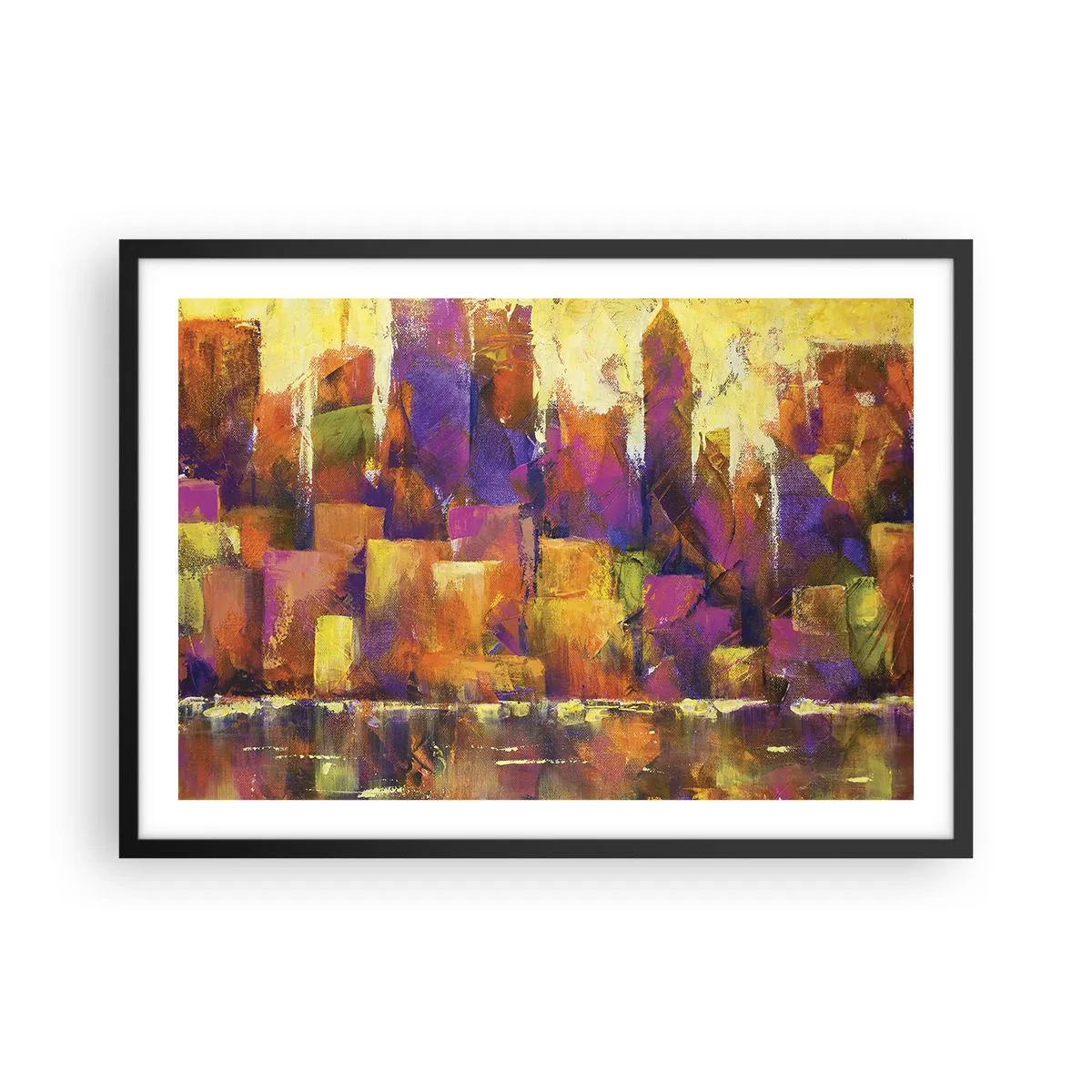 Poster in einem schwarzem Rahmen - Abstrakte Komposition einer Metropole in Gelb- und Lilatönen - 70x50cm - Metropolitische Komposition - Moderne Wanddekoration für Wohnzimmer und Schlafzimmer ARTTOR