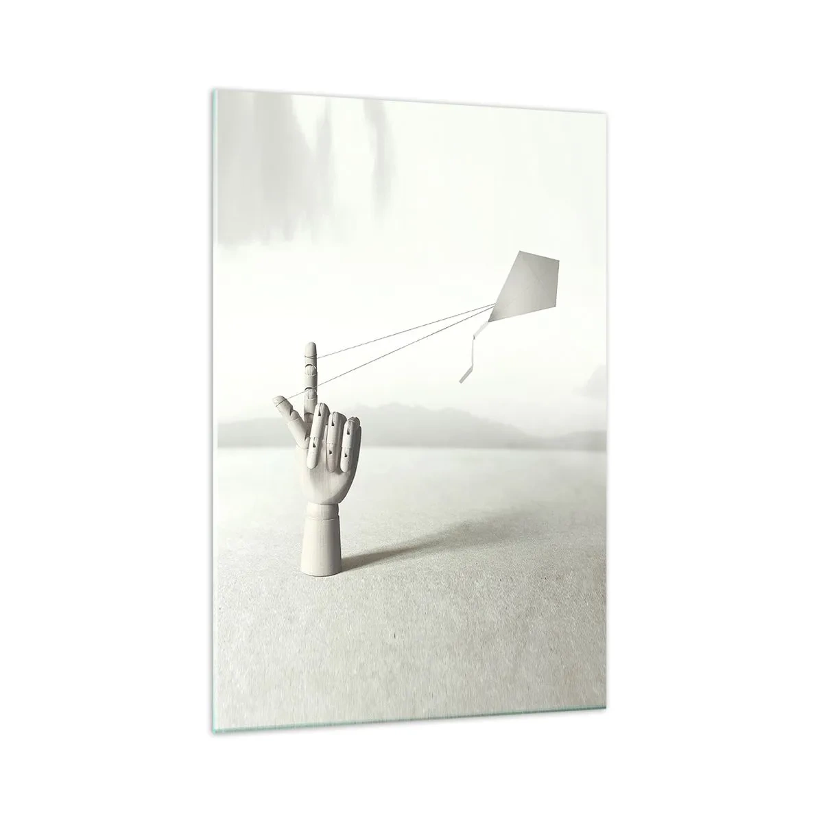 Glasbild - Bild auf glas - Eine minimalistische Holzhand mit einem Drachen vor einem Landschaftshintergrund. - 70x100cm - Kraftprobe - Moderne Wanddekoration für Wohnzimmer und Schlafzimmer ARTTOR