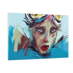 Glasbild - Bild auf glas - Porträt einer Frau mit Schutzbrille und blauen Pinselstrichen - 120x80cm - Strassenkämpferin - Moderne Wanddekoration für Wohnzimmer und Schlafzimmer ARTTOR