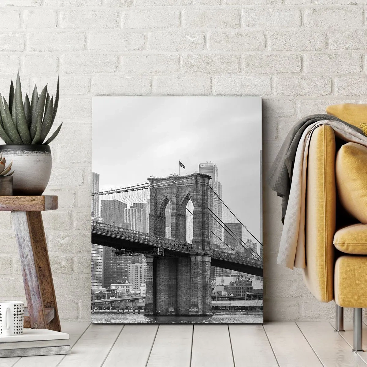 Bild auf Leinwand - Leinwandbild - Brooklyn Bridge mit New Yorker Wolkenkratzern im Hintergrund - 50x70cm - New Yorker Atmosphäre - Moderne Wanddekoration für Wohnzimmer und Schlafzimmer ARTTOR
