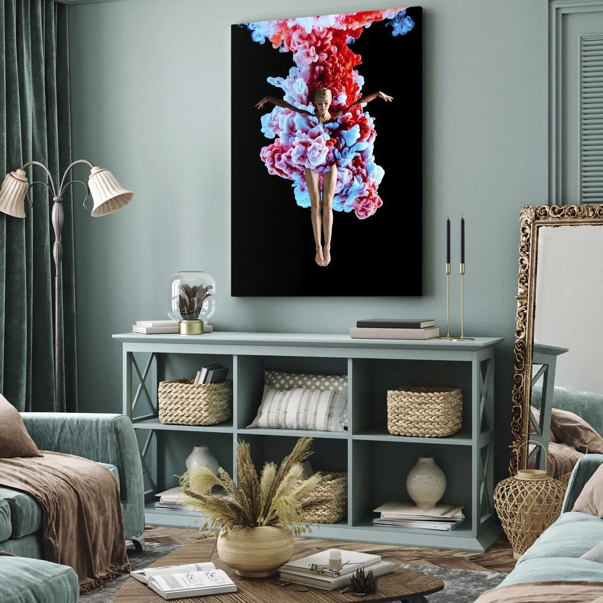 Bild auf Leinwand - Leinwandbild - Eine Tänzerin, umgeben von buntem Rauch auf schwarzem Hintergrund - 50x70cm - In voller Blüte - Moderne Wanddekoration für Wohnzimmer und Schlafzimmer ARTTOR