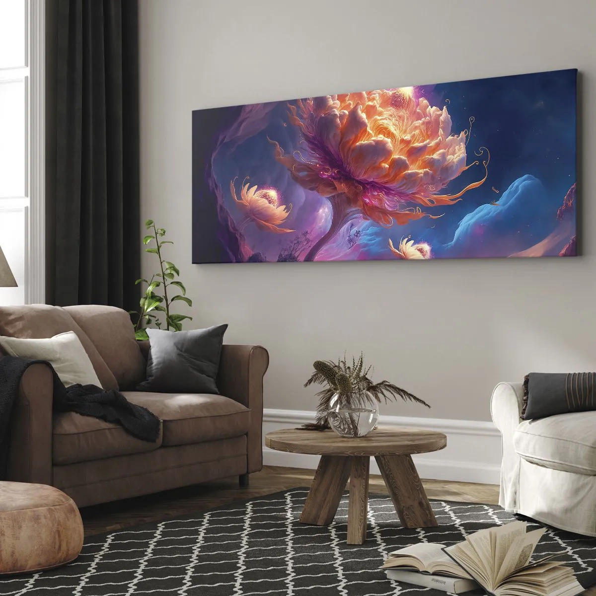Bild auf Leinwand - Leinwandbild - Fantasieblumen in einer kosmischen Landschaft - 160x50cm - Andere Welt - Moderne Wanddekoration für Wohnzimmer und Schlafzimmer ARTTOR