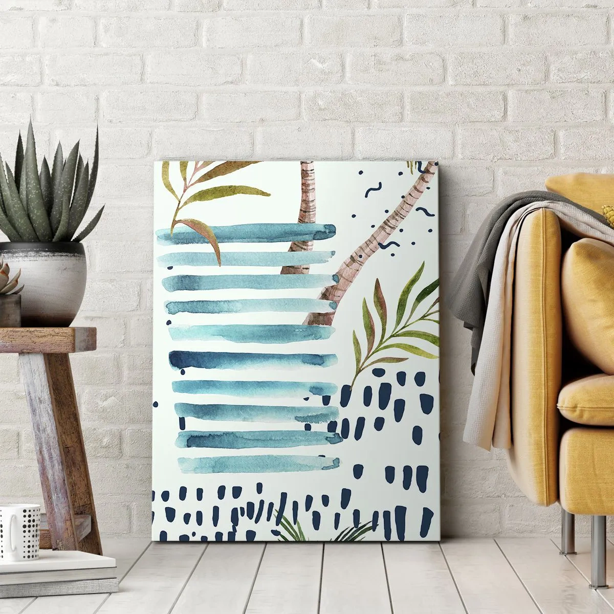 Bild auf Leinwand - Leinwandbild - Abstraktes Muster mit Palmen und nautischen Akzenten - 70x100cm - Urlaub unter Palmen - Moderne Wanddekoration für Wohnzimmer und Schlafzimmer ARTTOR