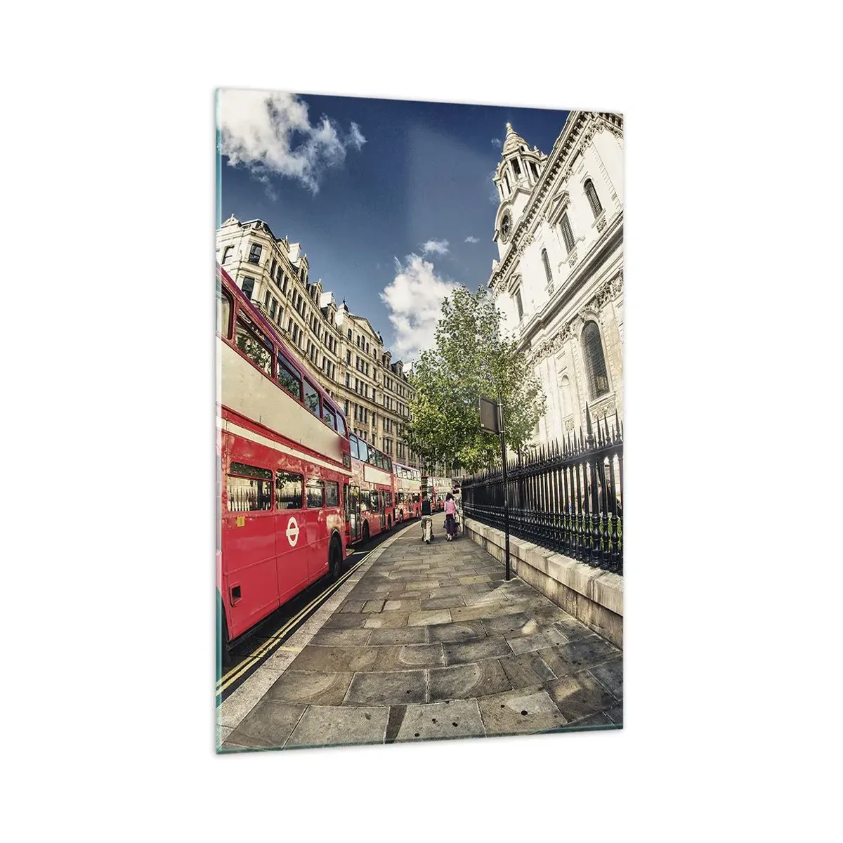 Glasbild - Bild auf glas - Roter Doppeldeckerbus in London in der Nähe der Straße und der Kathedrale - 80x120cm - Londoner Straße in Grau und Rot - Moderne Wanddekoration für Wohnzimmer und Schlafzimmer ARTTOR