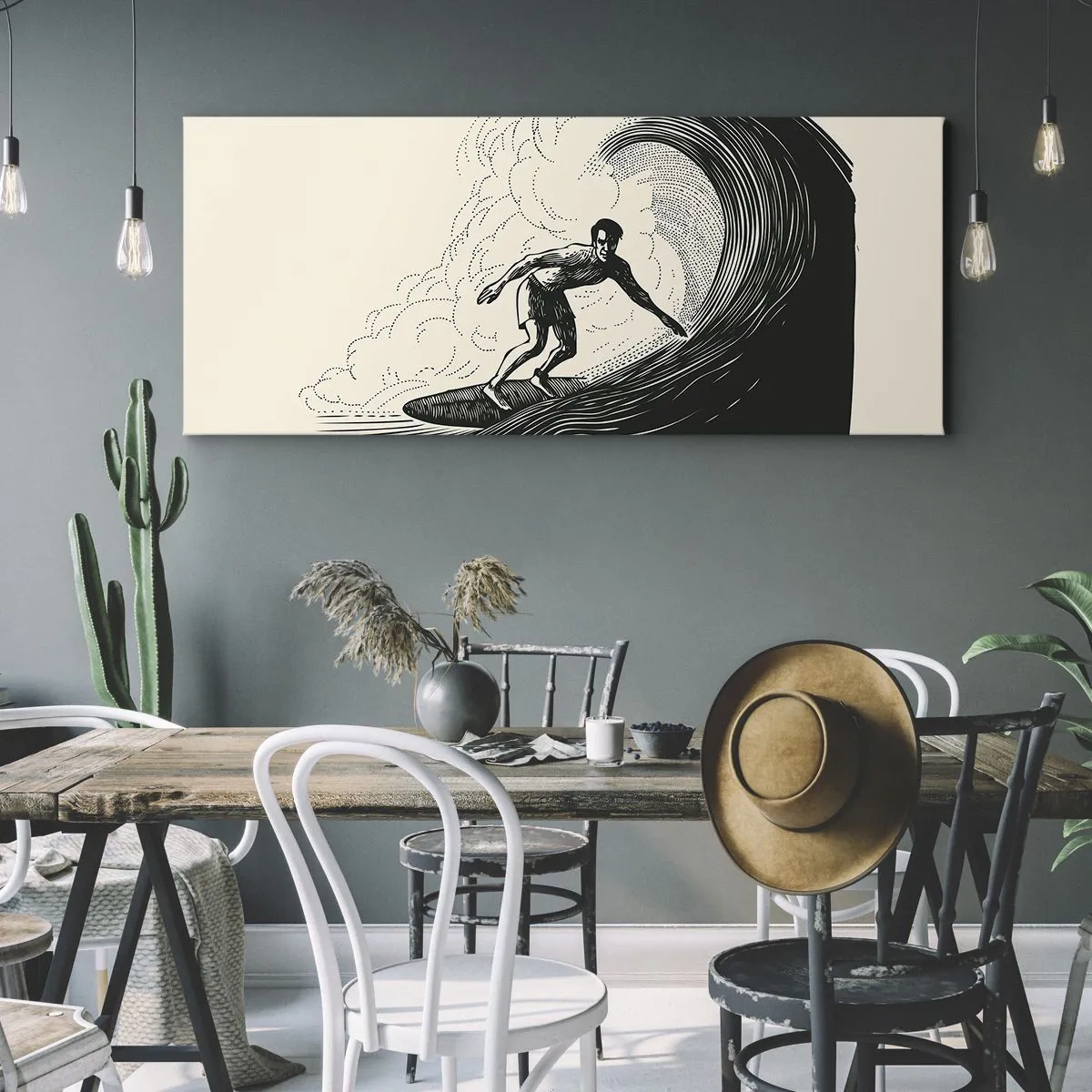 Bild auf Leinwand - Leinwandbild - Schwarz-Weiß-Grafik eines Surfers, der auf einer Welle reitet - 140x50cm - König der Welle - Moderne Wanddekoration für Wohnzimmer und Schlafzimmer ARTTOR