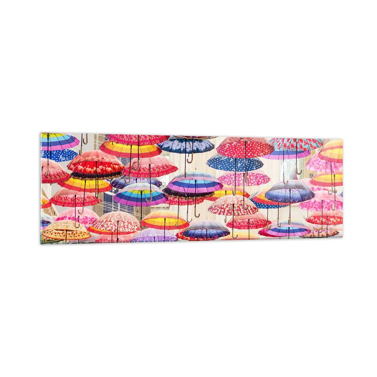 Glasbild - Bild auf glas - Bunte Regenschirme schweben in der Luft - 160x50cm - Stadtwiese - Moderne Wanddekoration für Wohnzimmer und Schlafzimmer ARTTOR