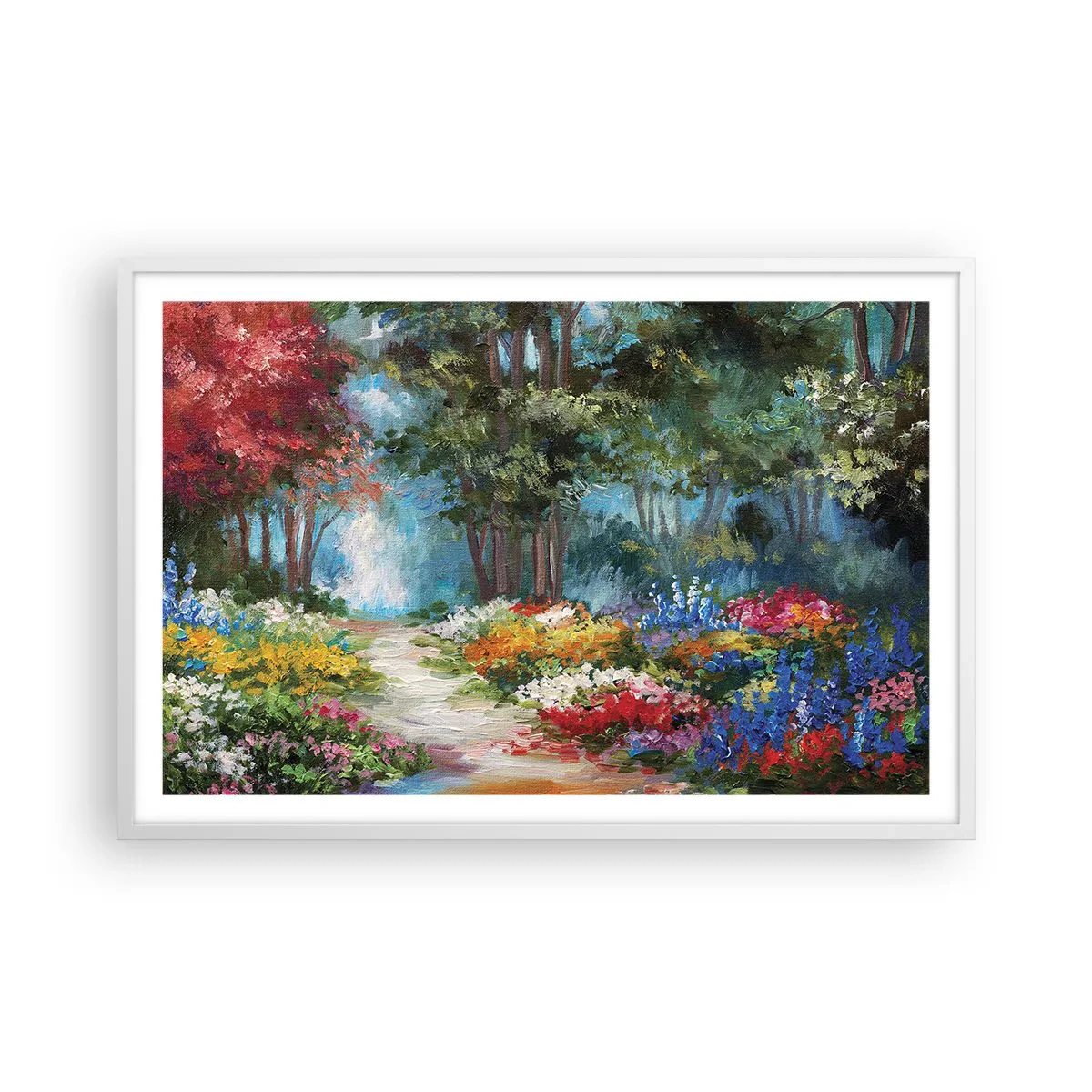 Poster in einem weißen Rahmen - Waldgarten, Blumenwald - 91x61 cm