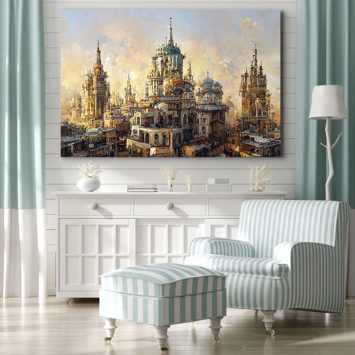 Bild auf Leinwand - Leinwandbild - Architektonische Türme in den Strahlen der untergehenden Sonne - 120x80cm - Stadt der Städte - Moderne Wanddekoration für Wohnzimmer und Schlafzimmer ARTTOR