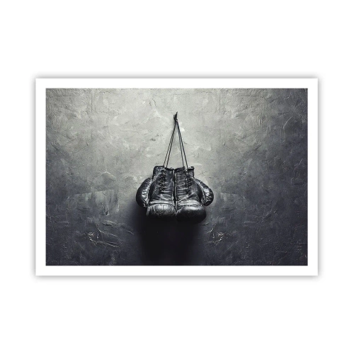 Poster - Alte Boxhandschuhe an der Wand - 100x70cm - Zeit des Kampfes und Zeit des Friedens - Moderne Wanddekoration für Wohnzimmer und Schlafzimmer ARTTOR