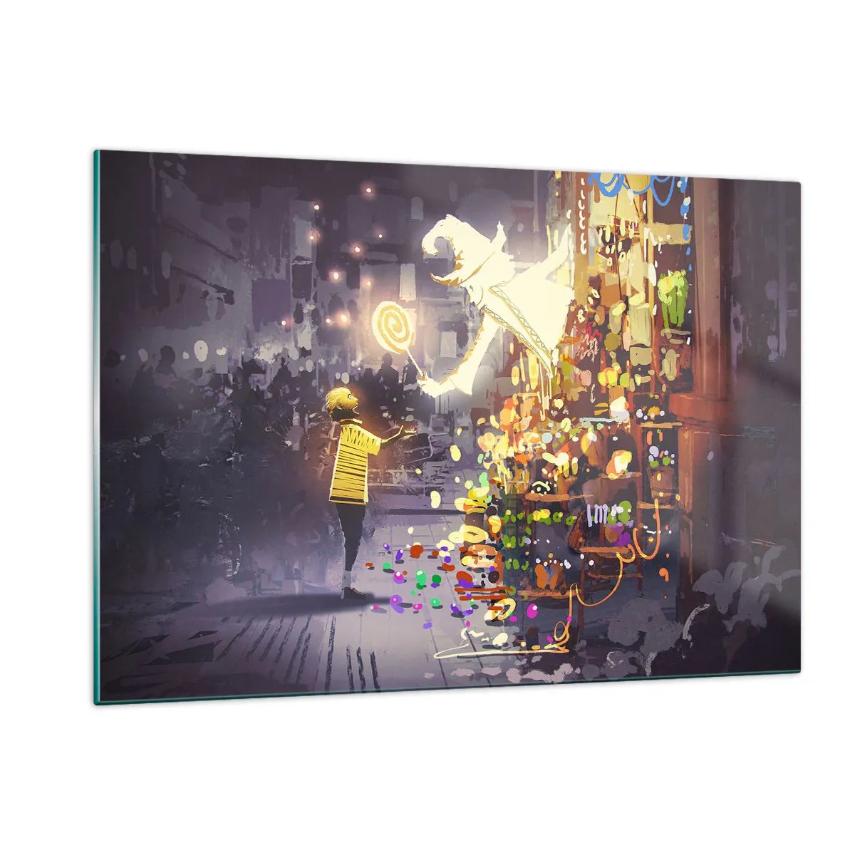 Glasbild - Bild auf glas - Ein Kind in einem hellen T-Shirt an einem hellen Stand voller bunter Süßigkeiten - 120x80cm - Magie ist da - Moderne Wanddekoration für Wohnzimmer und Schlafzimmer ARTTOR