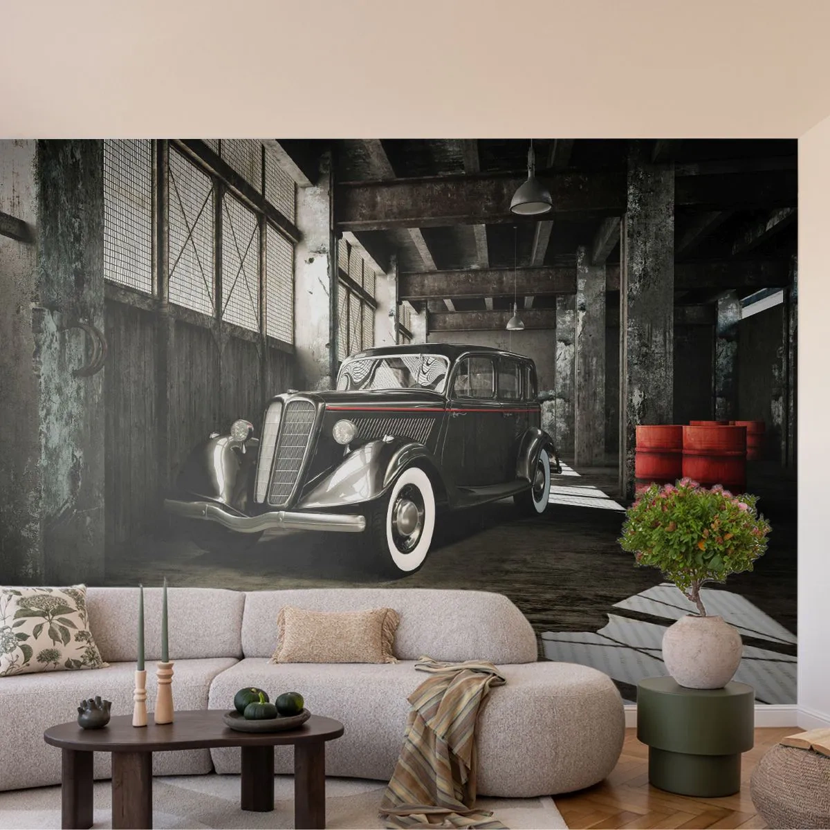 Fototapete Premium Canvas - Die ewige Eleganz der 1930er Jahre - Automobil, Retro-Auto, Fabriklager - 150x105 cm