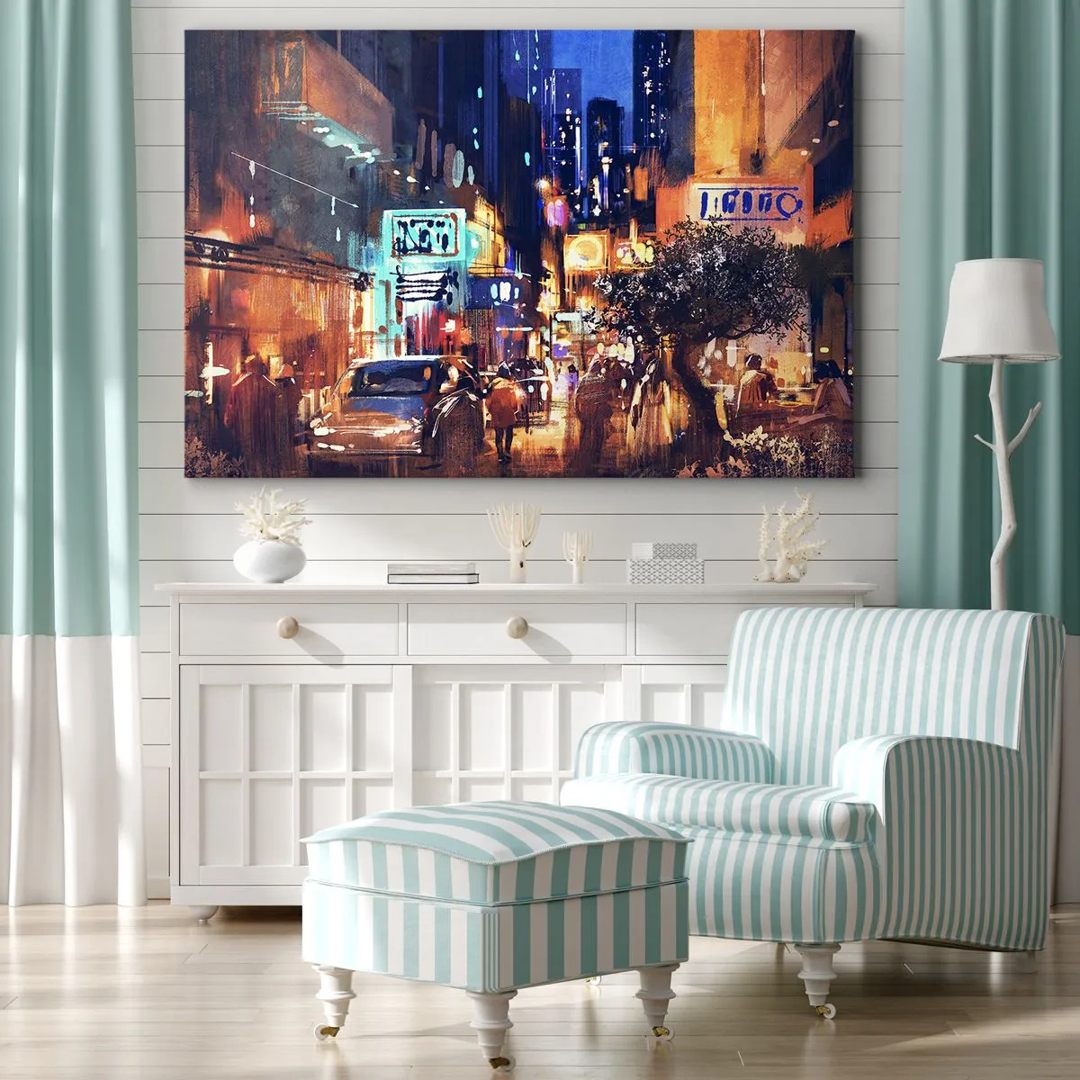 Bild auf Leinwand - Leinwandbild - Abendliche Stadtansicht im impressionistischen Stil - 120x80cm - Und die Stadt ist wach - Moderne Wanddekoration für Wohnzimmer und Schlafzimmer ARTTOR