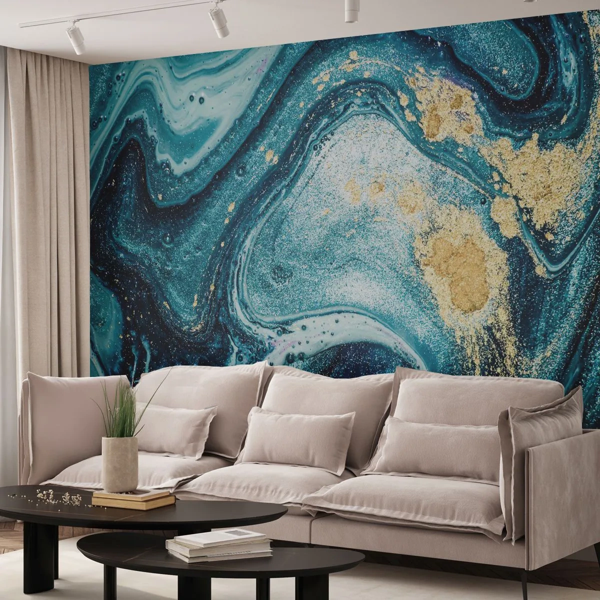 Fototapete Premium Canvas - Eine abstrakte Komposition aus Wellen und goldenen Akzenten - 100x70cm - Blauer Wirbel - Moderne Wanddekoration für Wohnzimmer und Schlafzimmer ARTTOR