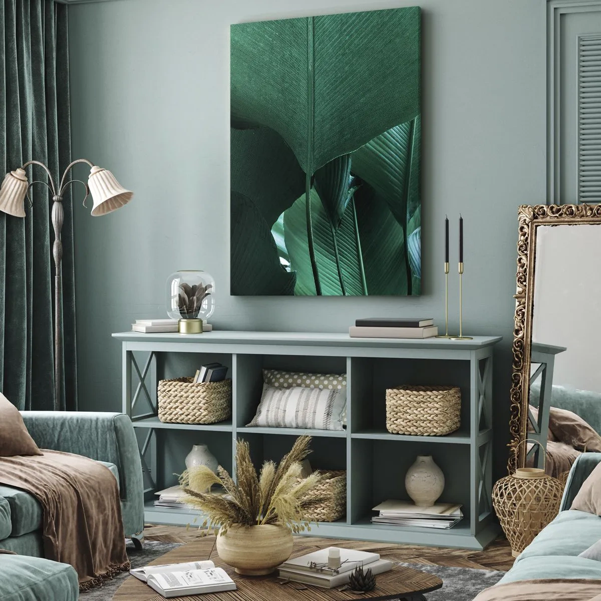 Bild auf Leinwand - Leinwandbild - Grüne Blätter in minimalistischer Komposition - 80x120cm - Dem Licht zugewandt - Moderne Wanddekoration für Wohnzimmer und Schlafzimmer ARTTOR