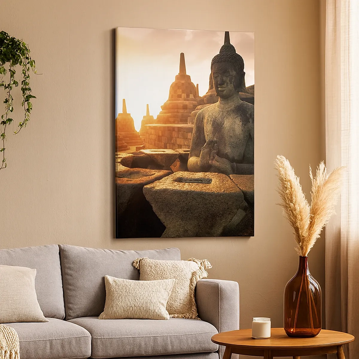 Bild auf Leinwand - Leinwandbild - Buddha-Statue im Borobudur-Tempel bei Sonnenuntergang - 50x70cm - Wetter der großen Weisheit - Moderne Wanddekoration für Wohnzimmer und Schlafzimmer ARTTOR