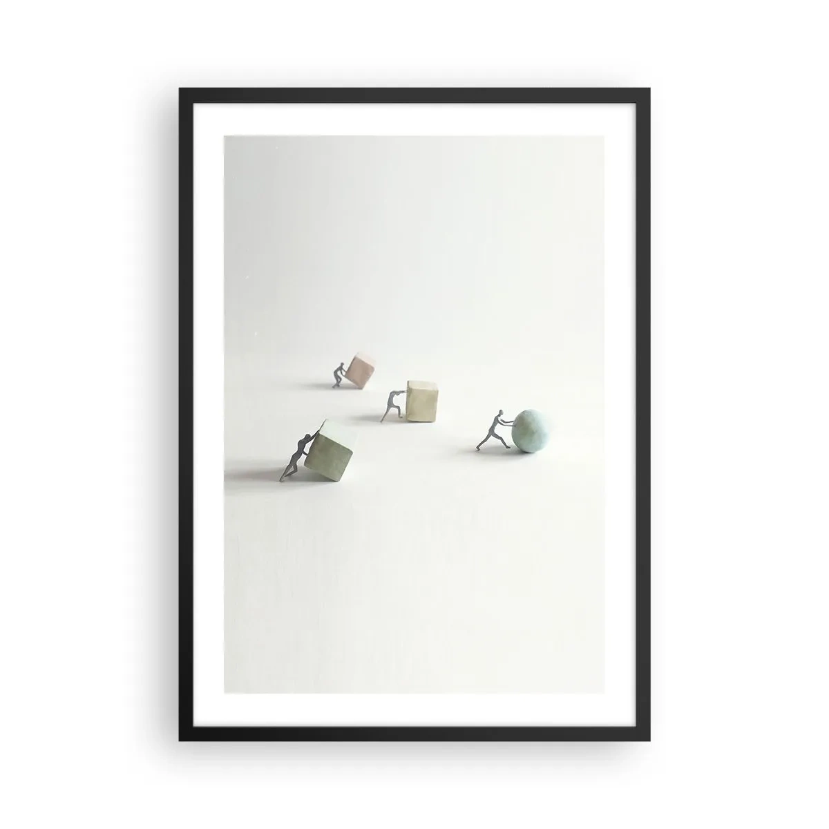 Poster in einem schwarzem Rahmen - Miniaturfiguren, die bunte geometrische Formen schieben - 50x70cm - Pures Leben - Moderne Wanddekoration für Wohnzimmer und Schlafzimmer ARTTOR