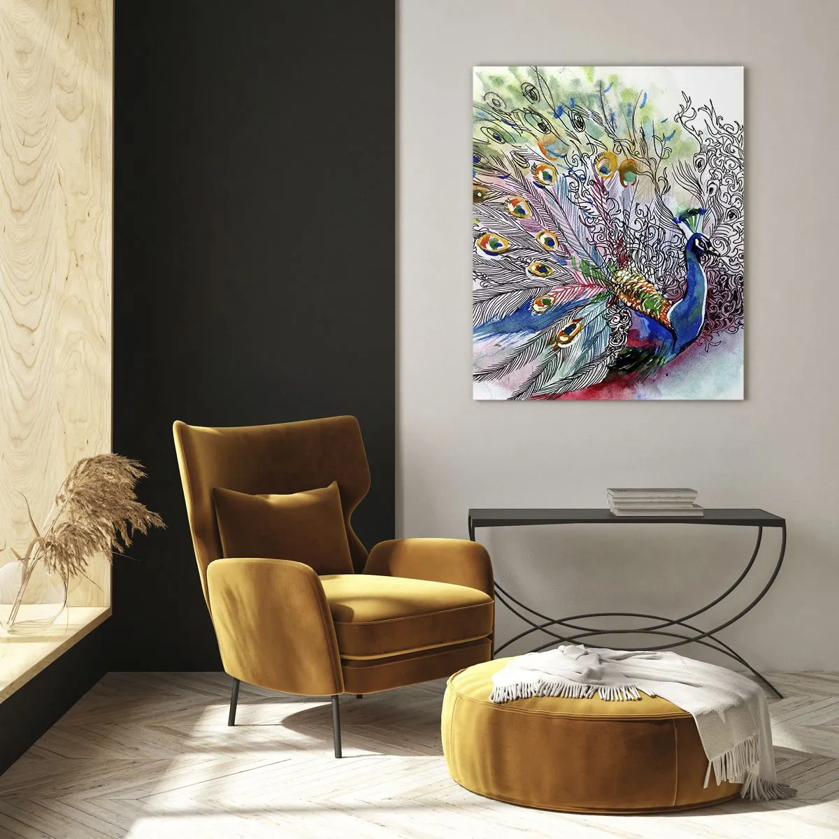 Glasbild - Bild auf glas - Ein Pfau im farbenfrohen Aquarellstil mit abstrakten Federn - 80x120cm - Mit Stolz gegen Grau - Moderne Wanddekoration für Wohnzimmer und Schlafzimmer ARTTOR