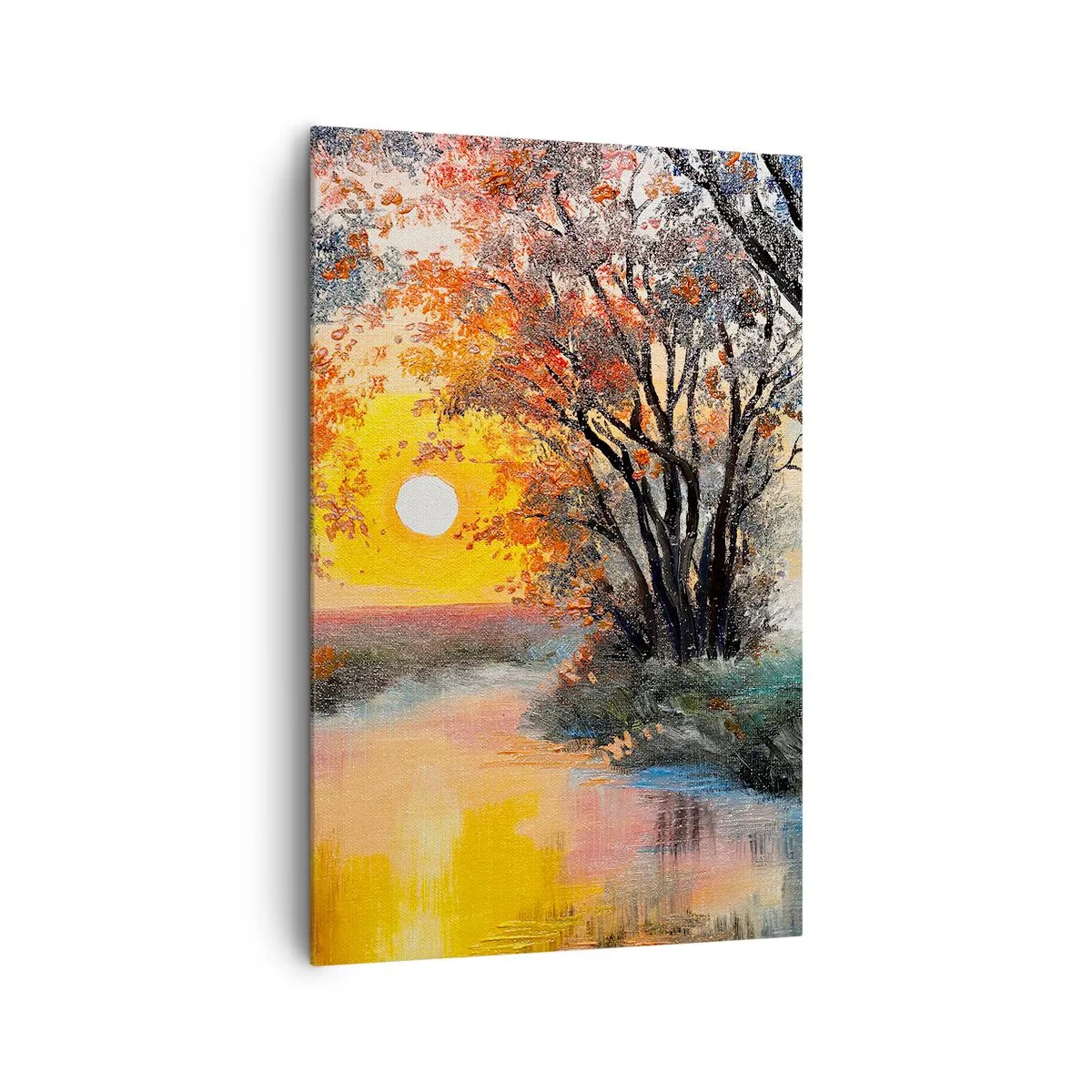 Bild auf Leinwand - Leinwandbild - Sonnenuntergang über dem Fluss in einer Herbstlandschaft - 80x120cm - Herbststimmung - Moderne Wanddekoration für Wohnzimmer und Schlafzimmer ARTTOR