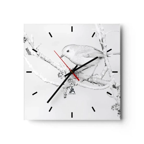 Wanduhr - Glasuhr - Vogel auf einem Ast in Schwarz-Weiß im minimalistischen Stil - 30x30cm - Wintermorgen - Moderne Wanddekoration für Wohnzimmer und Schlafzimmer ARTTOR