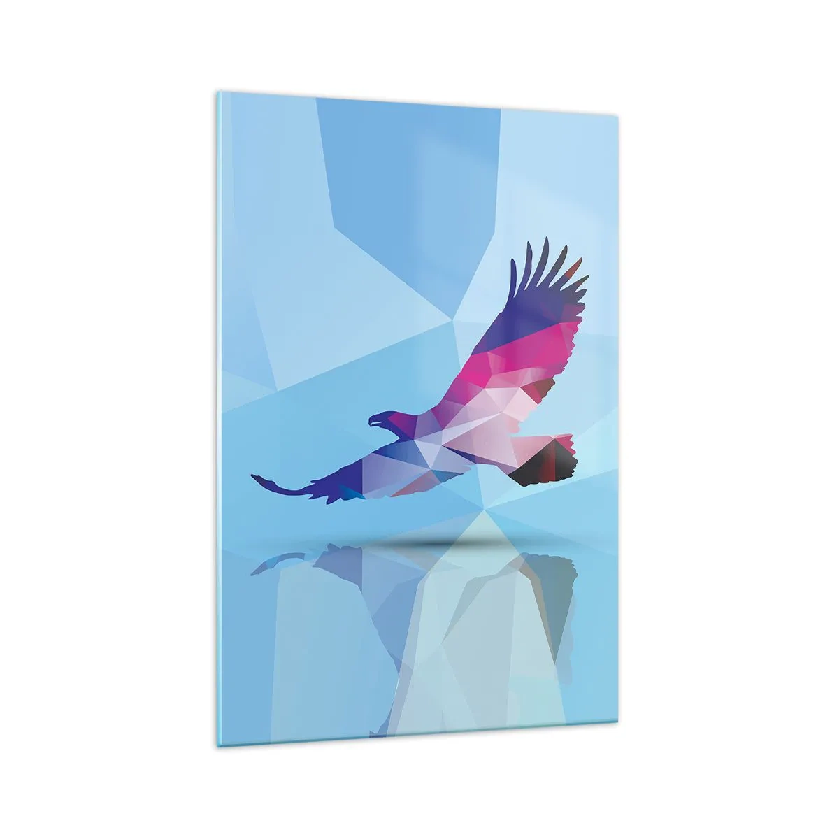 Glasbild - Bild auf glas - Geometrische Silhouette eines Adlers im Flug auf blauem Hintergrund - 70x100cm - Adler in lila Kristall - Moderne Wanddekoration für Wohnzimmer und Schlafzimmer ARTTOR