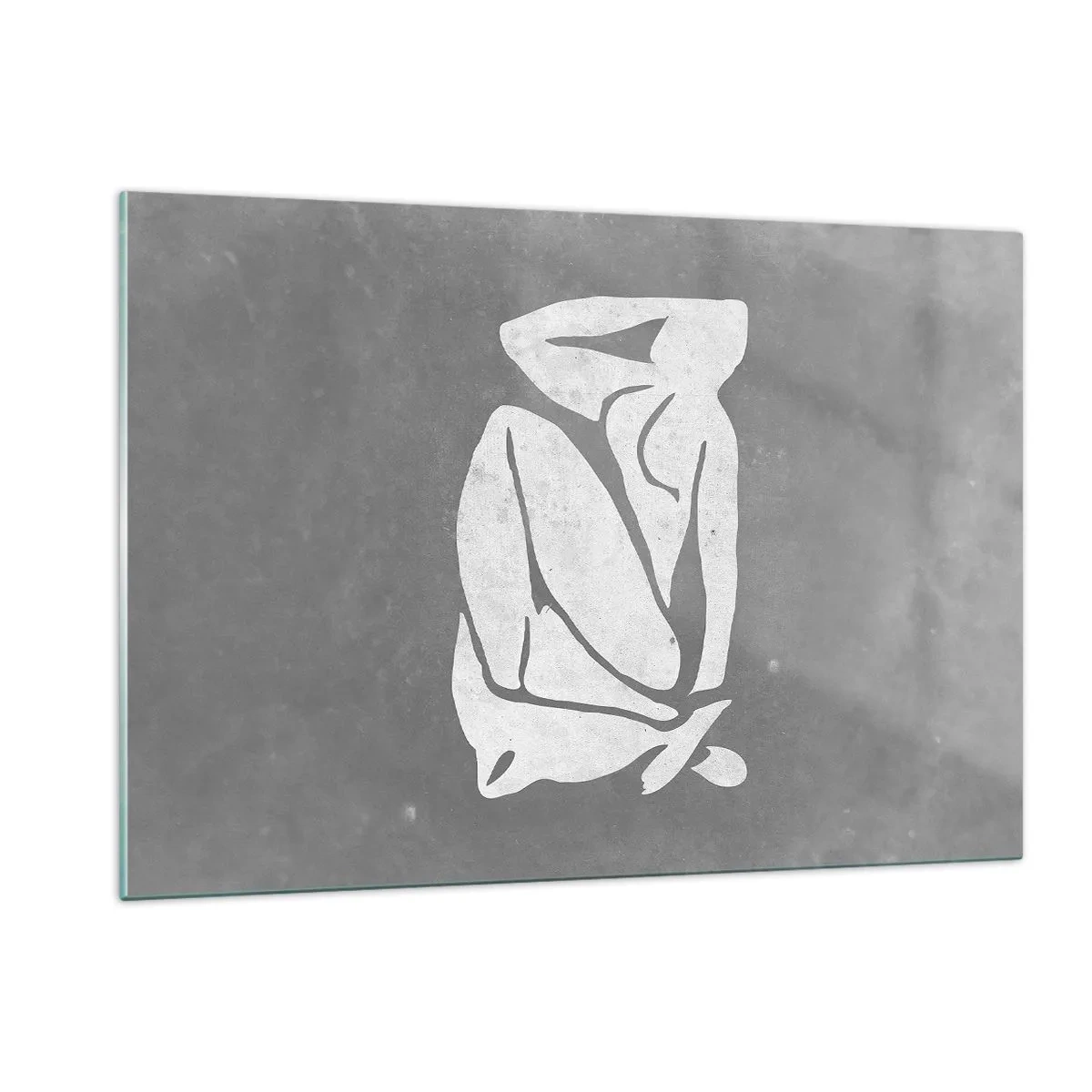 Glasbild - Bild auf glas - Eine minimalistische Silhouette einer Frau auf grauem Hintergrund - 120x80cm - In Gedanken versunken - Moderne Wanddekoration für Wohnzimmer und Schlafzimmer ARTTOR