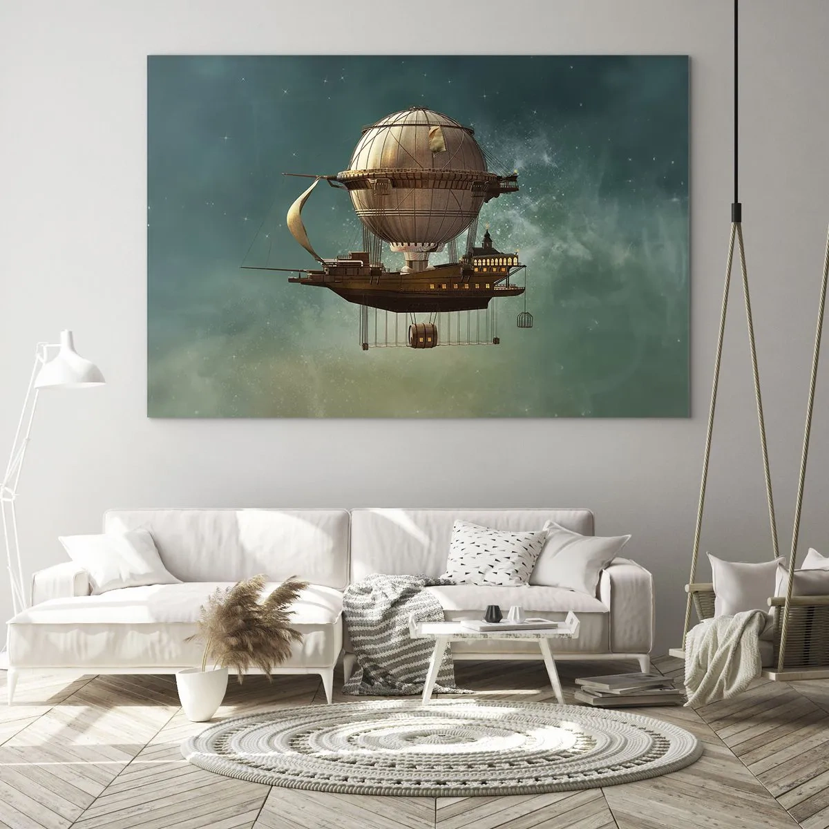 Glasbild - Bild auf glas - Ein fliegendes Luftschiff mit einem Haus im Retro-Stil am Himmel - 70x50cm - Jules Verne sagt Hallo - Moderne Wanddekoration für Wohnzimmer und Schlafzimmer ARTTOR